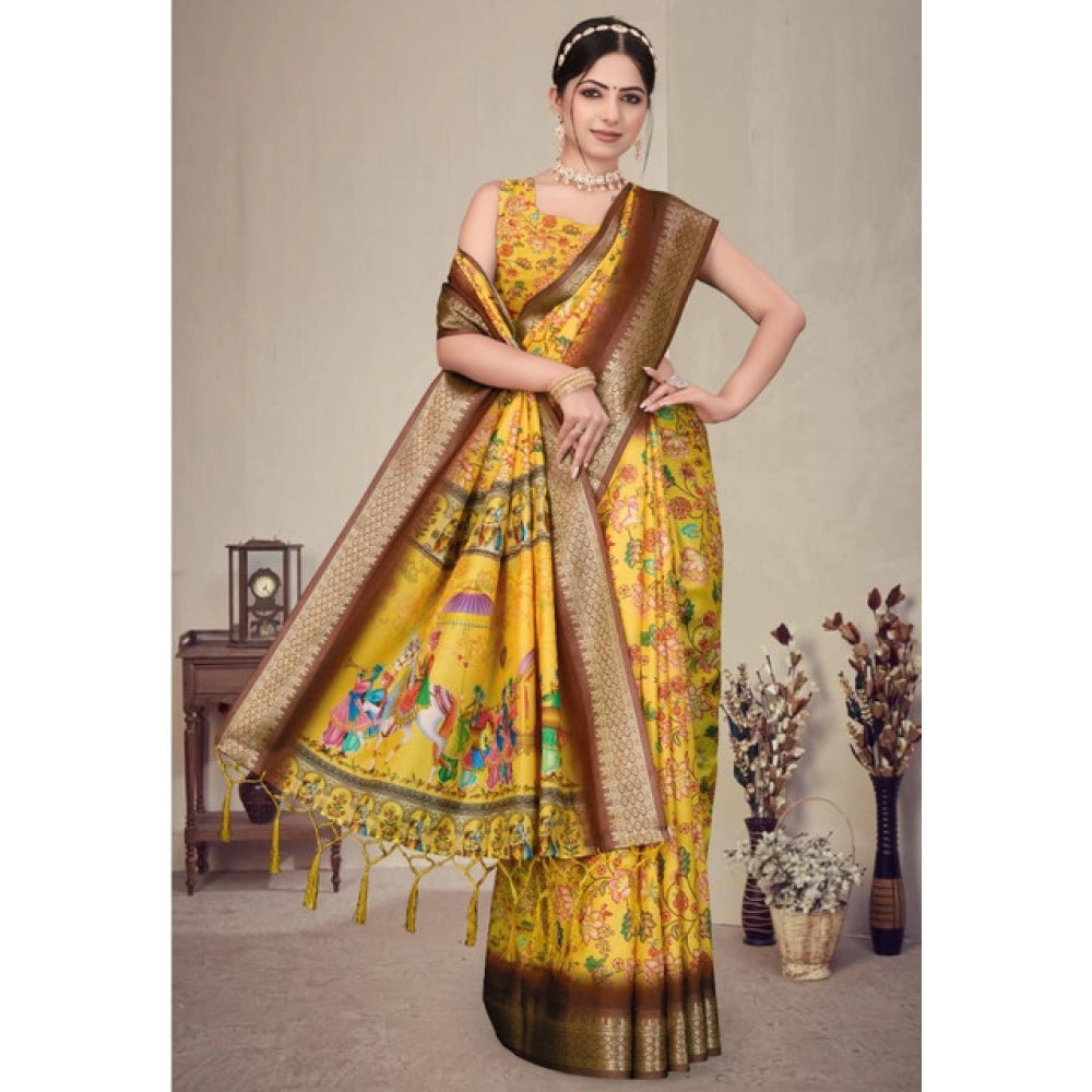 Women's Cotton Silk Printed Saree With Unstitched Blouse 5.5Mtr (Yellow)
