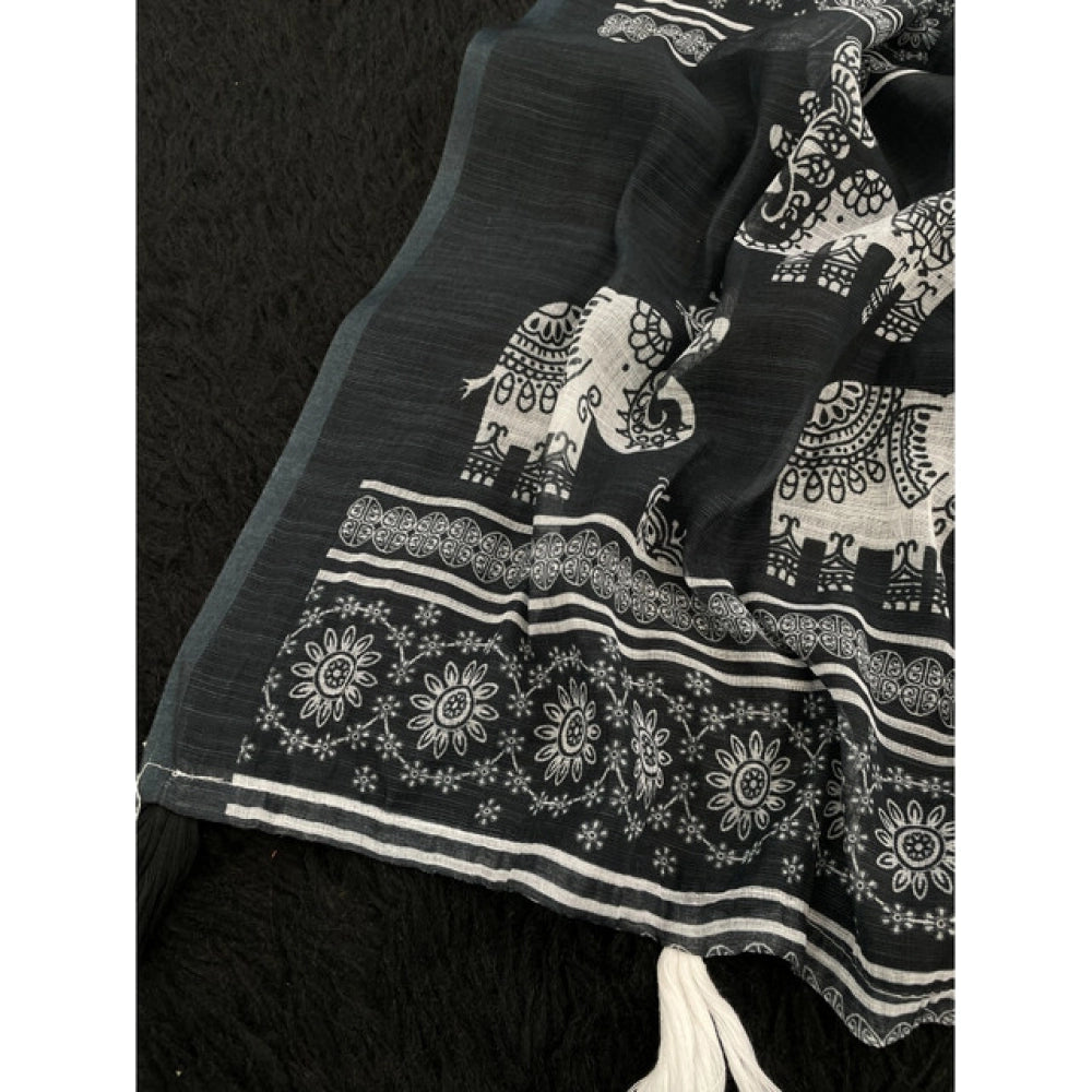 Women's Linen Cotton Printed Saree With Unstitched Blouse 5.5Mtr (Black)