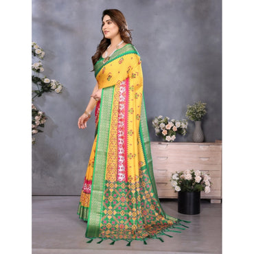 Women's Cotton Silk Printed Saree With Unstitched Blouse 5.5Mtr (Yellow)