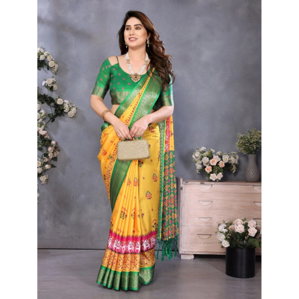 Women's Cotton Silk Printed Saree With Unstitched Blouse 5.5Mtr (Yellow)