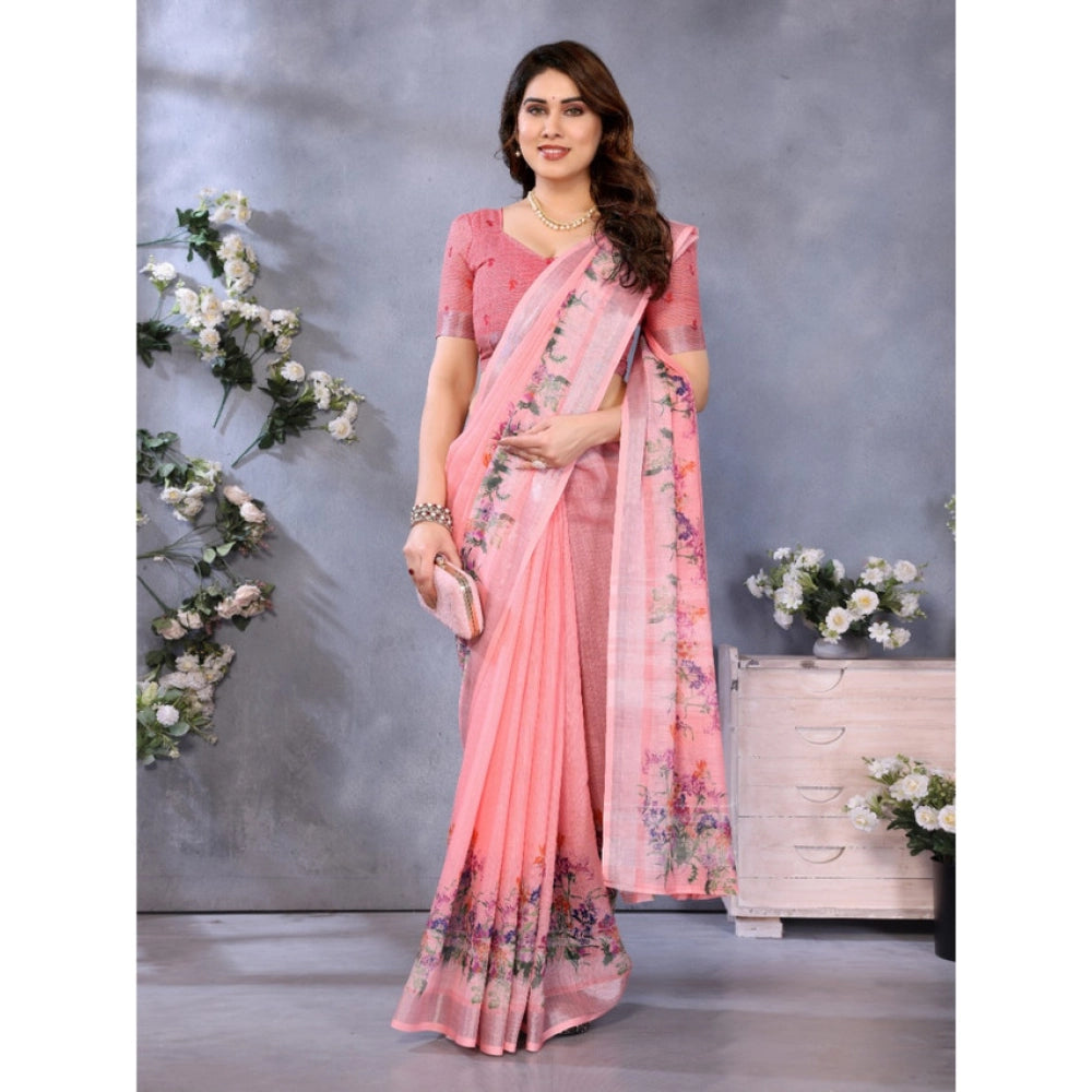 Women's Linen Cotton Printed Saree With Unstitched Blouse 5.5Mtr (Peach)