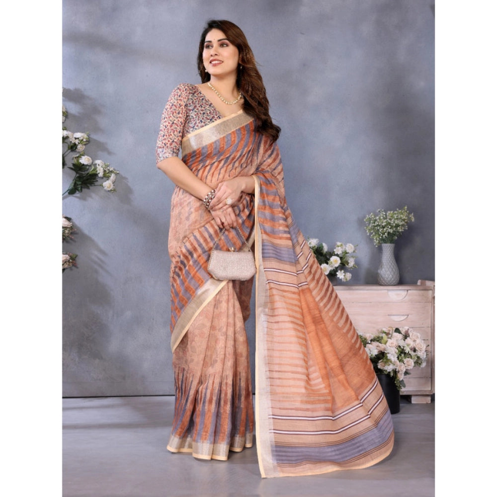 Women's Linen Cotton Printed Saree With Unstitched Blouse 5.5Mtr (Brown)