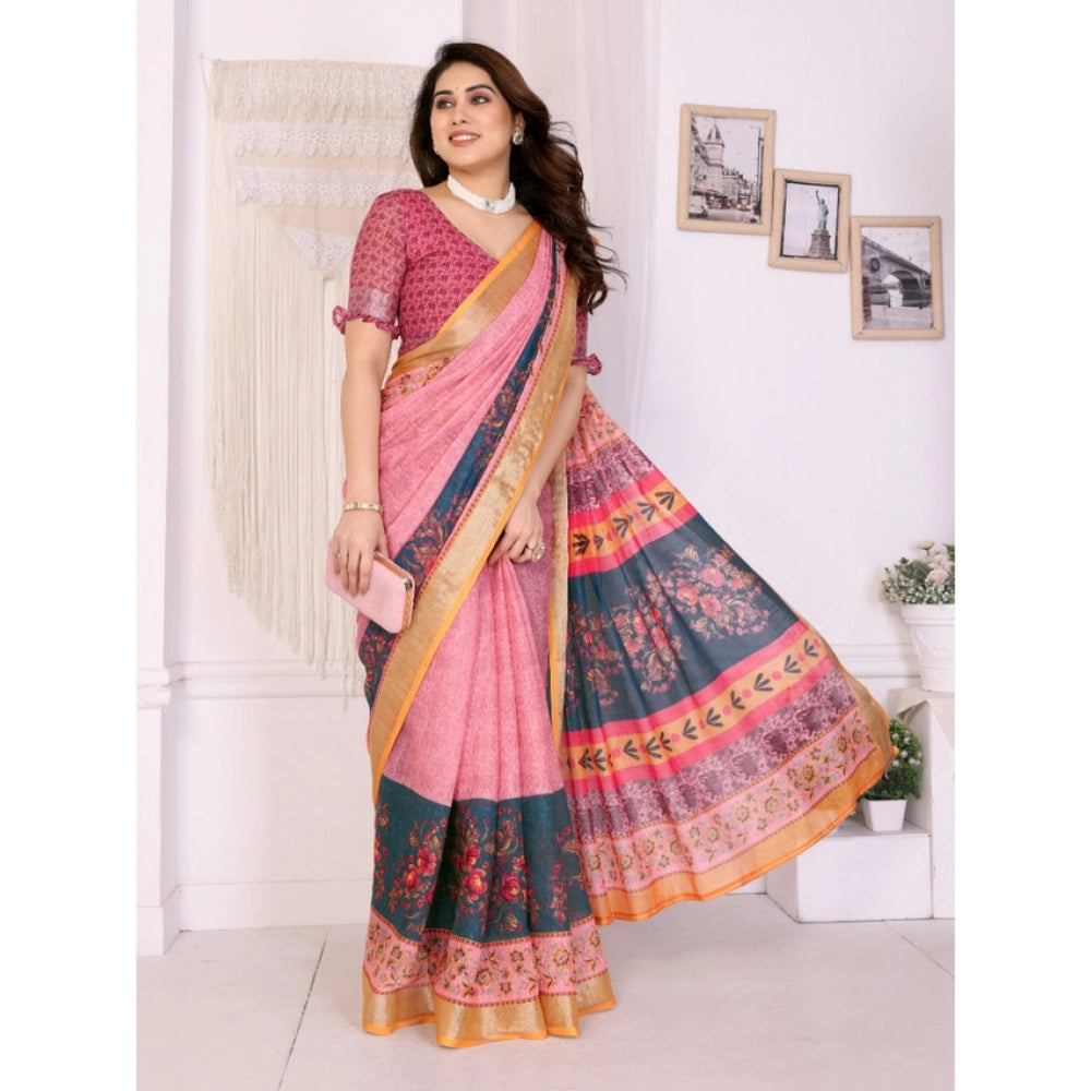 Women's Linen Cotton Printed Saree With Unstitched Blouse 5.5Mtr (Pink)