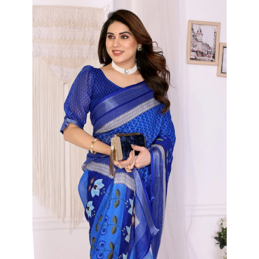 Women's Linen Cotton Printed Saree With Unstitched Blouse 5.5Mtr (Blue)