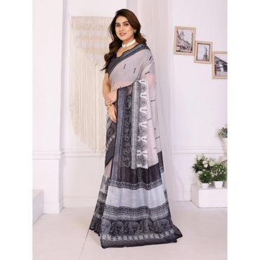 Women's Linen Cotton Printed Saree With Unstitched Blouse 5.5Mtr (White & Black)
