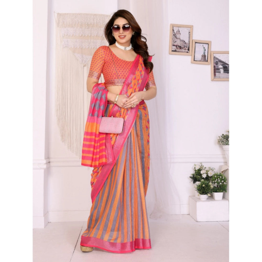 Women's Linen Cotton Printed Saree With Unstitched Blouse 5.5Mtr (Orange )