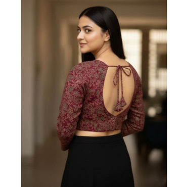 Women's Ajrakh Cotton Printed V-Neck Padded Blouse (Maroon 38 Ready (Self Alterable 36–40)