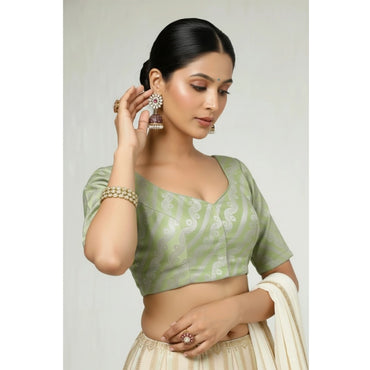 Women's Jacquard Zari Round Neck Padded Blouse (Light Green 38 Ready (Self Alterable 36–40)