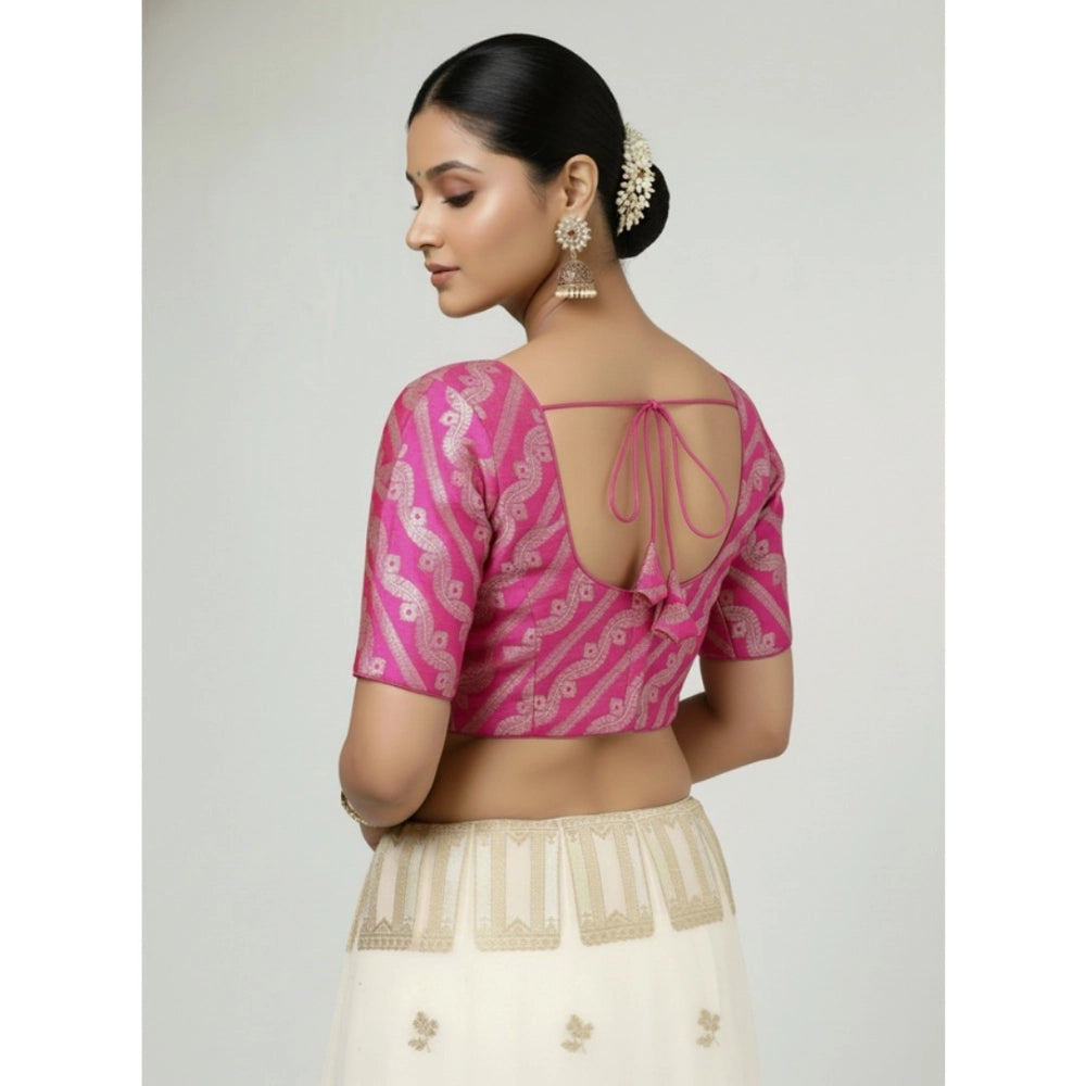Women's Jacquard Zari Round Neck Padded Blouse (Pink 38 Ready (Self Alterable 36–40)
