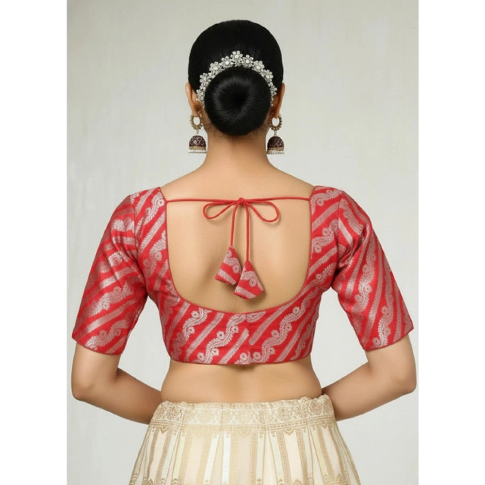 Women's Jacquard Zari Round Neck Padded Blouse (Red 38 Ready (Self Alterable 36–40)
