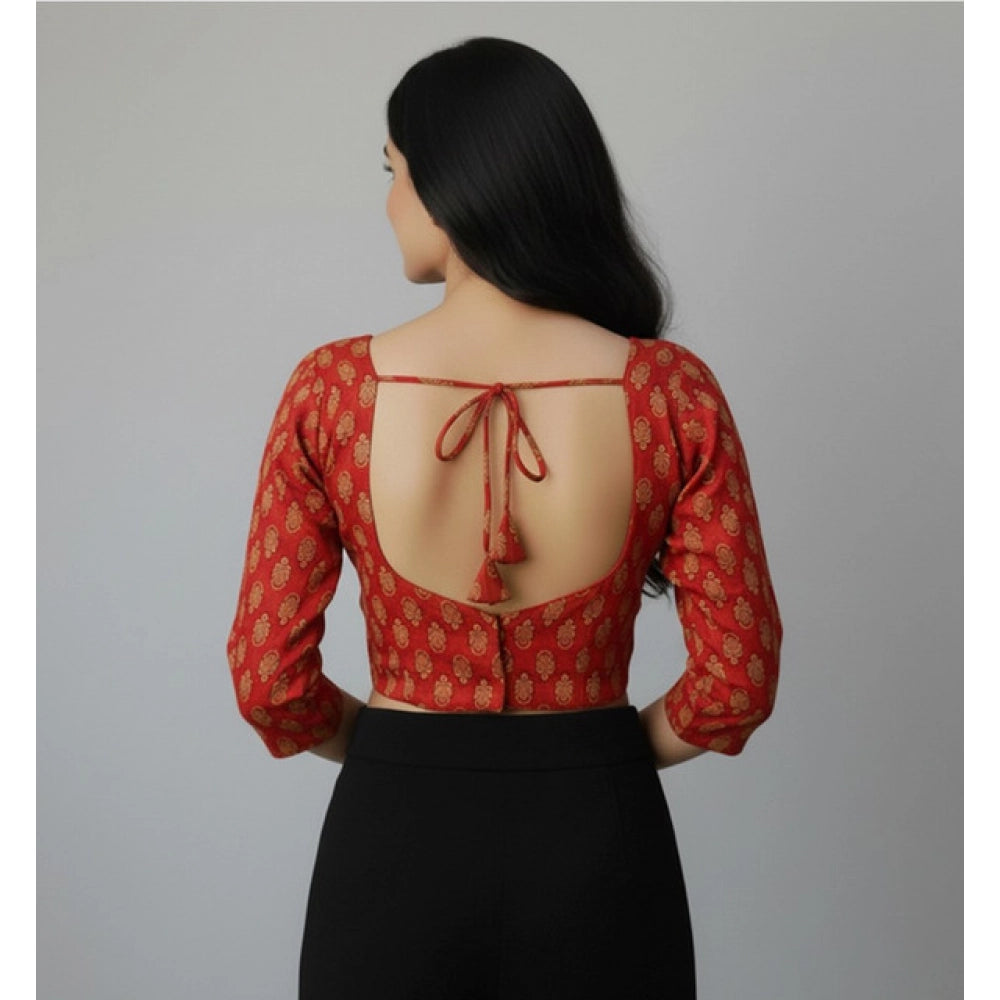 Women's Ajrakh Cotton Printed Halter Neck Padded Blouse (Red 38 Ready (Self Alterable 36–40)