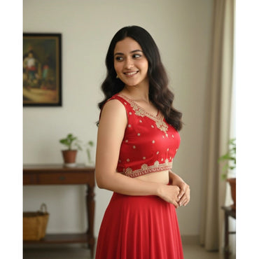 Women's Zimmi Choo Embroidered V-Neck Padded Blouse (Red 38 Ready (Self Alterable 36–40)