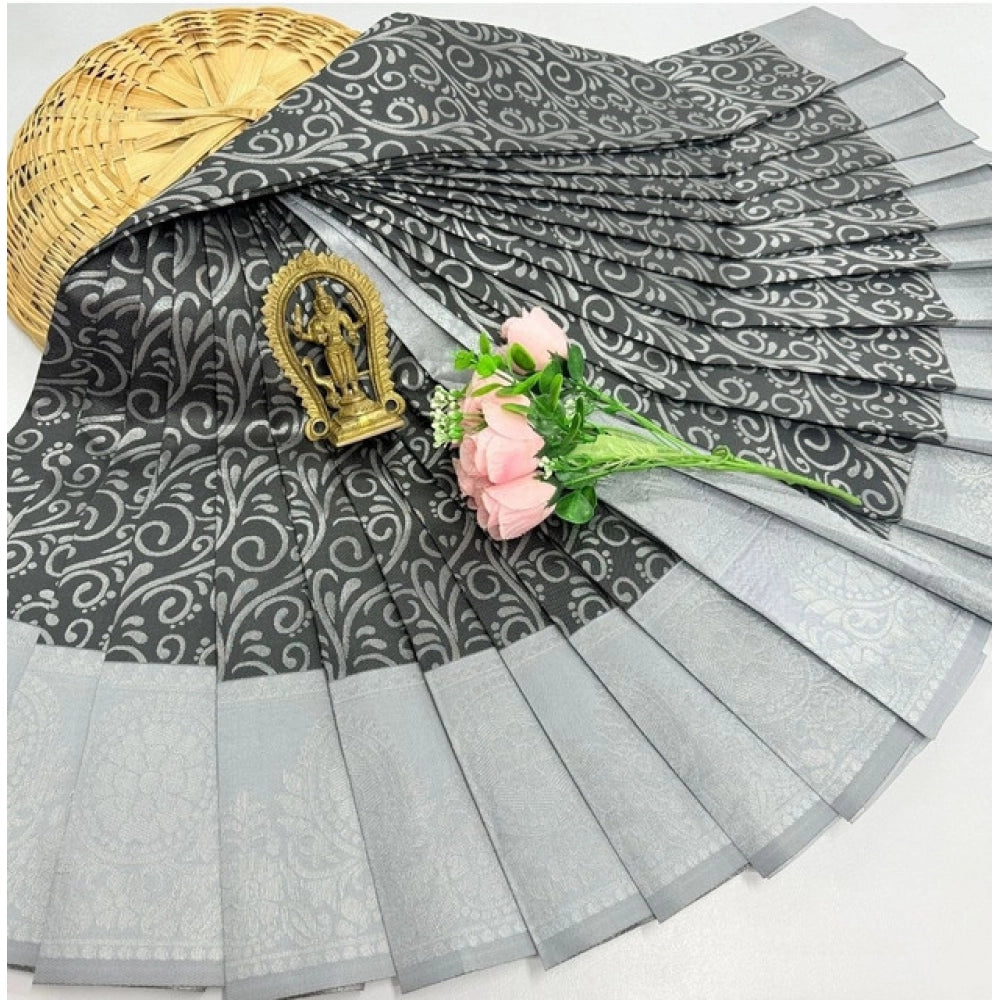Women's Soft Silk Printed Saree With Unstitched Blouse 5.5Mtr (Grey)