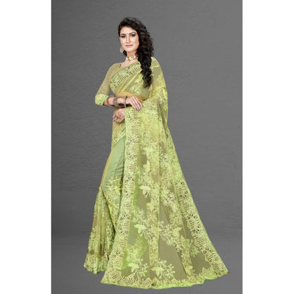 Women's Net Saree With Blouse (Pista Green, 5-6Mtrs)