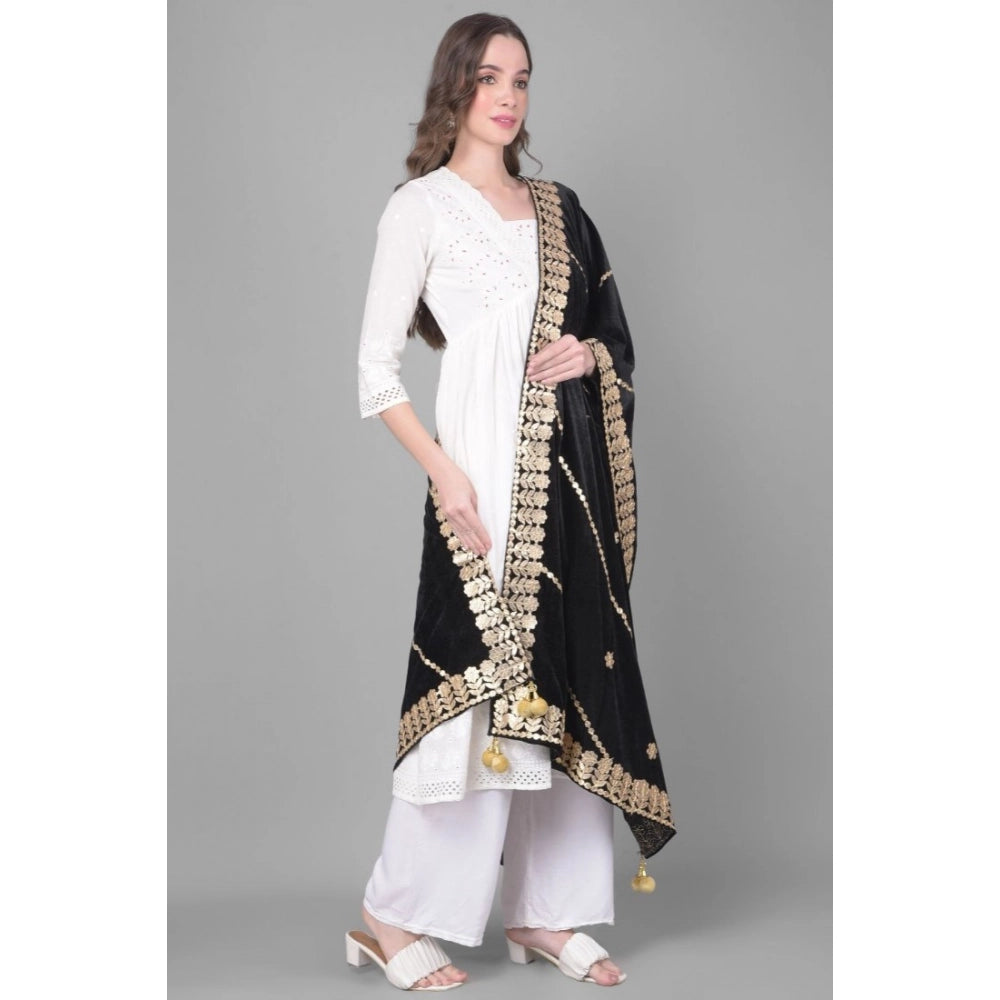 Women's Velvet Gotta Patti Shawl (Black, Length: 2.25 to 2.50 Mtr)