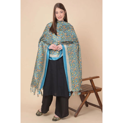 Women's Art Silk Printed Shawl (Turquoise, Length: 2.25 to 2.50 Mtr)