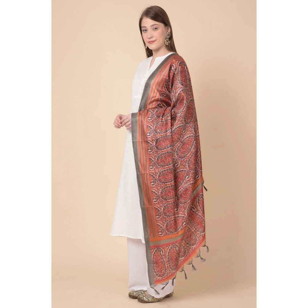 Women's Art Silk Printed Shawl (Orange, Length: 2.25 to 2.50 Mtr)