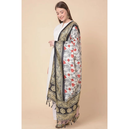 Women's Art Silk Printed Shawl (Black, Length: 2.25 to 2.50 Mtr)