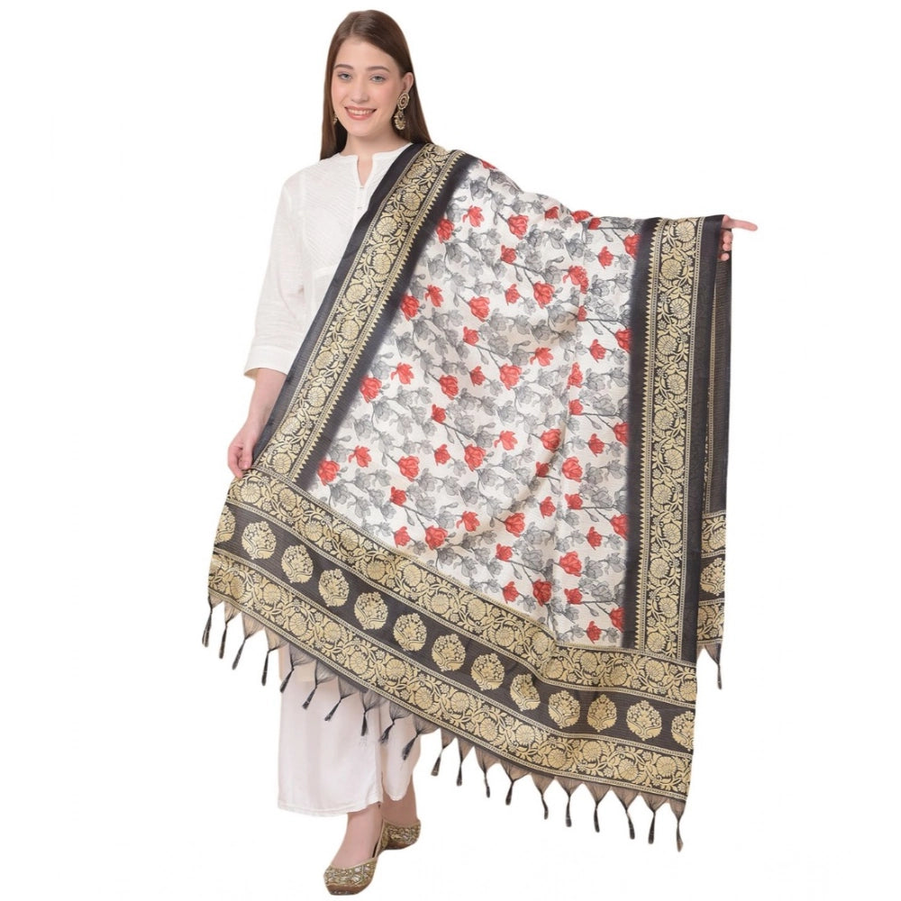 Women's Art Silk Printed Shawl (Black, Length: 2.25 to 2.50 Mtr)