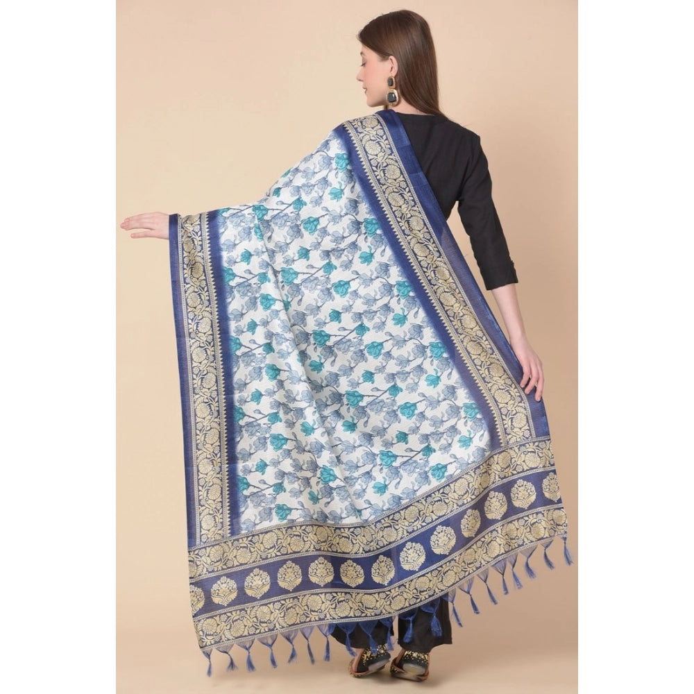 Women's Art Silk Printed Shawl (Blue, Length: 2.25 to 2.50 Mtr)
