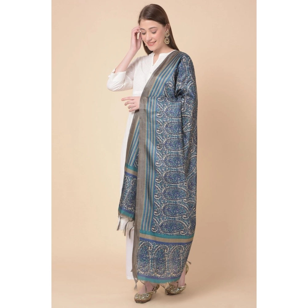 Women's Art Silk Printed Shawl (Blue, Length: 2.25 to 2.50 Mtr)