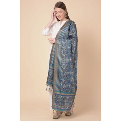 Women's Art Silk Printed Shawl (Blue, Length: 2.25 to 2.50 Mtr)