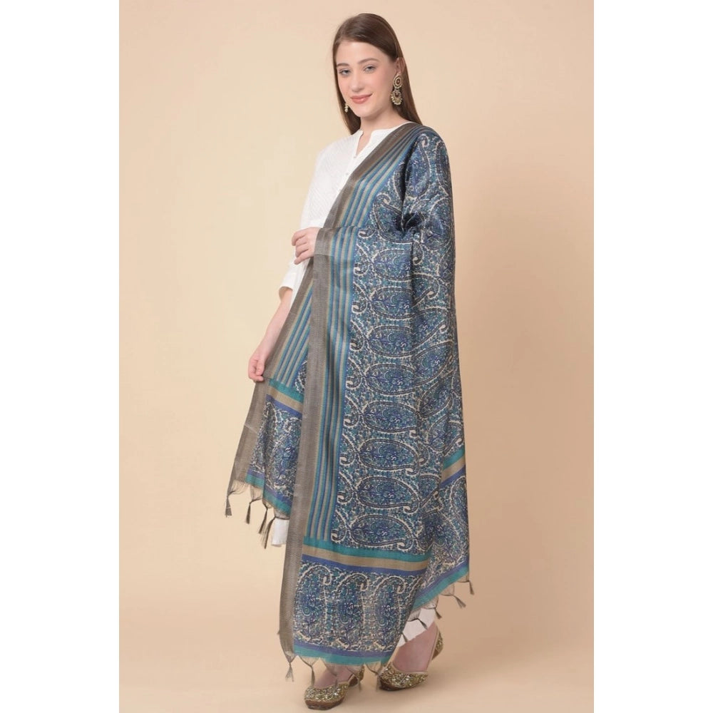 Women's Art Silk Printed Shawl (Blue, Length: 2.25 to 2.50 Mtr)