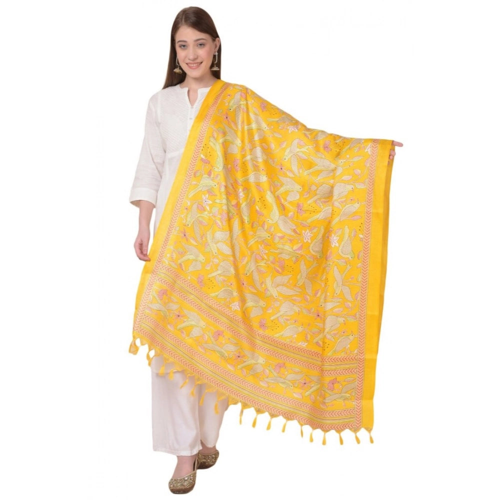 Women's Art Silk Printed Shawl (Yellow, Length: 2.25 to 2.50 Mtr)