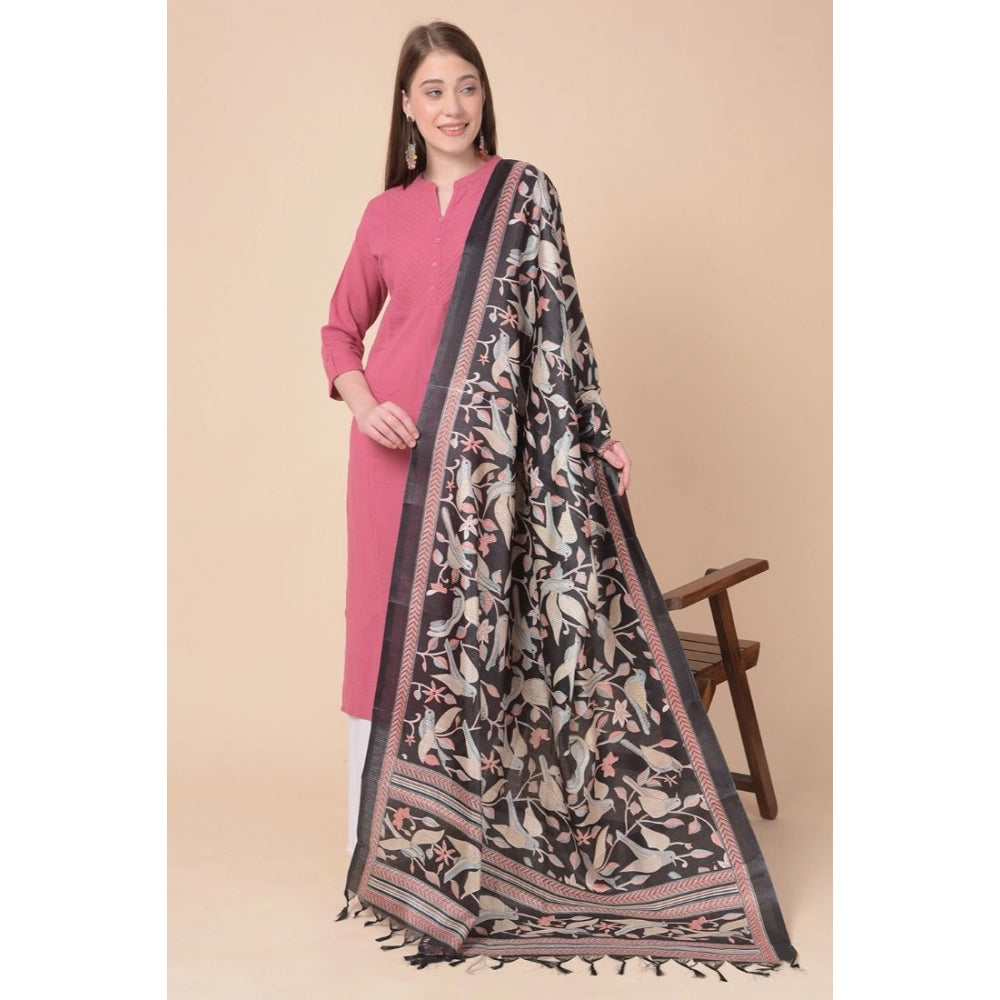 Women's Art Silk Printed Shawl (Black, Length: 2.25 to 2.50 Mtr)