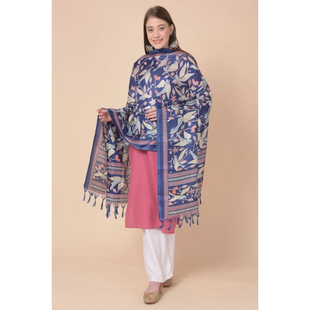 Women's Art Silk Printed Shawl (Blue, Length: 2.25 to 2.50 Mtr)
