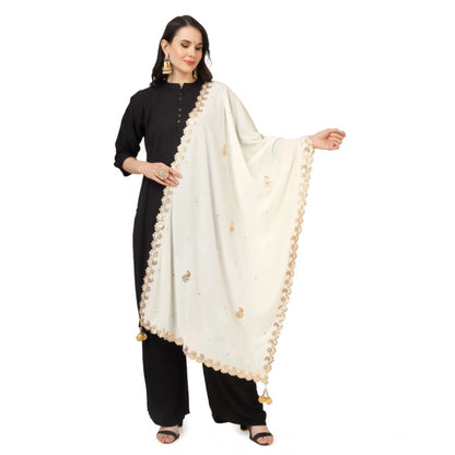 Women's Velvet Gotta Patti Shawl (Off White, Length: 2.25 to 2.50 Mtr)