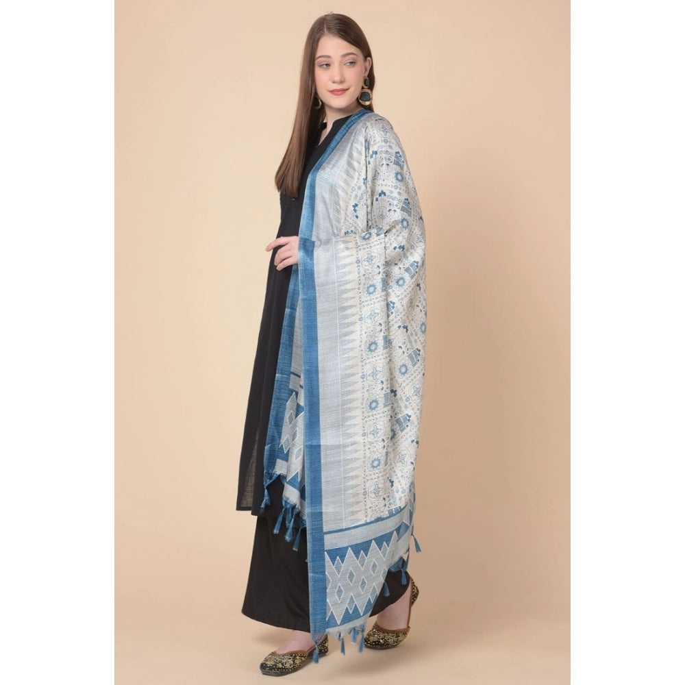 Women's Art Silk Printed Shawl (Turquoise, Length: 2.25 to 2.50 Mtr)