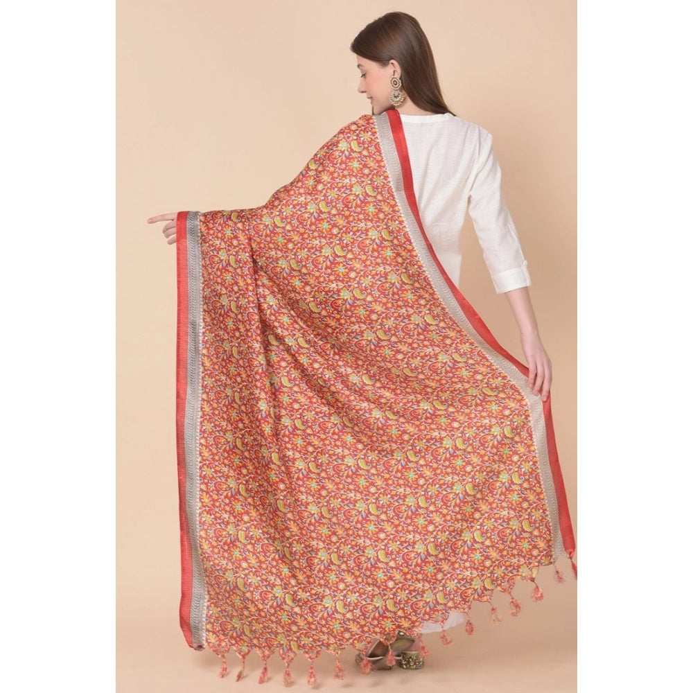 Women's Art Silk Printed Shawl (Red, Length: 2.25 to 2.50 Mtr)