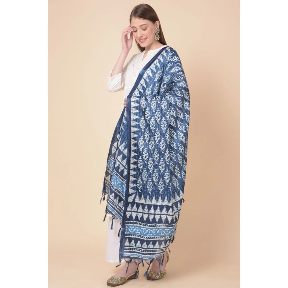 Women's Art Silk Printed Shawl (Blue, Length: 2.25 to 2.50 Mtr)