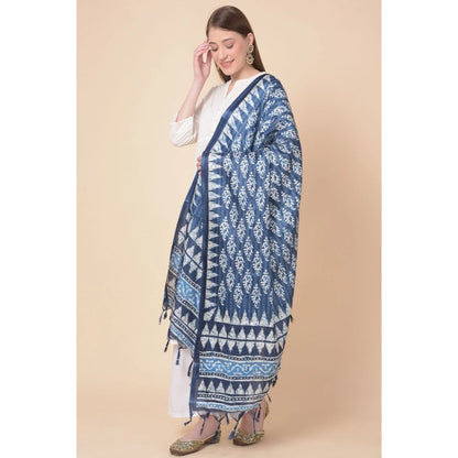 Women's Art Silk Printed Shawl (Blue, Length: 2.25 to 2.50 Mtr)