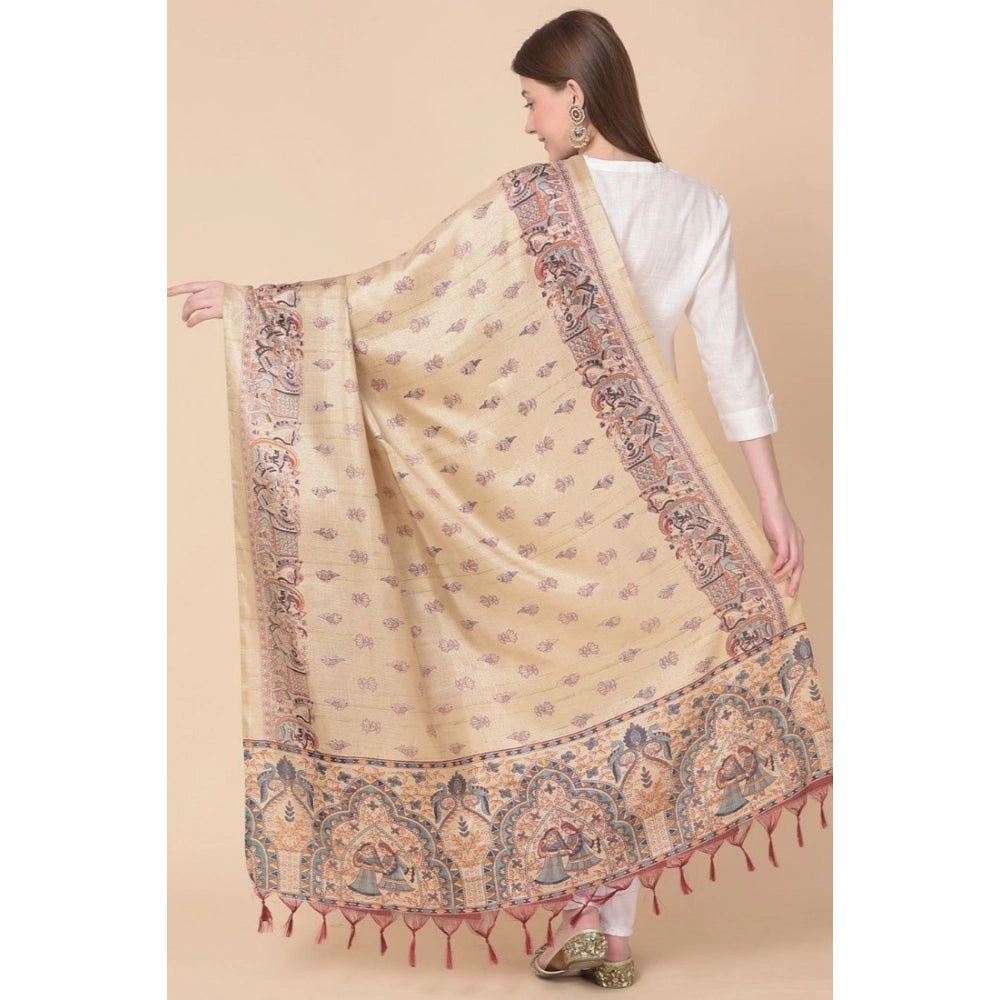 Women's Art Silk Printed Shawl (Gold, Length: 2.25 to 2.50 Mtr)