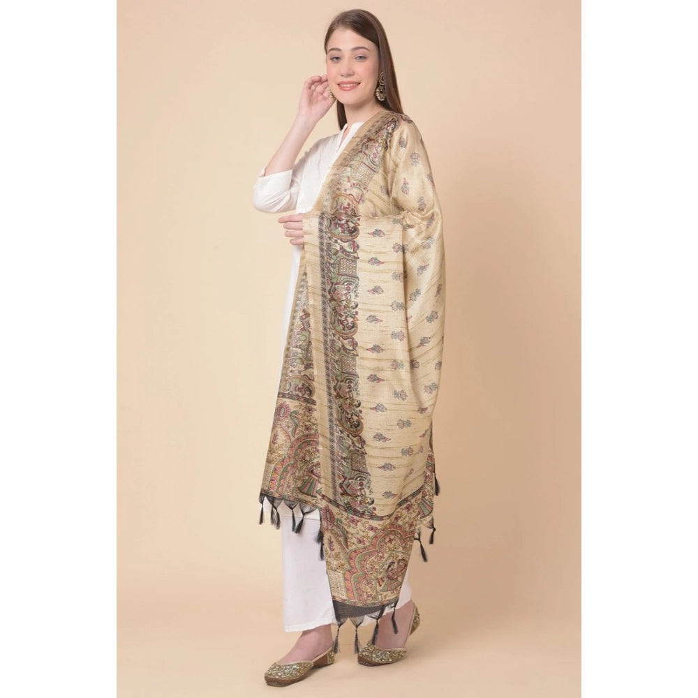 Women's Art Silk Printed Shawl (Gold, Length: 2.25 to 2.50 Mtr)
