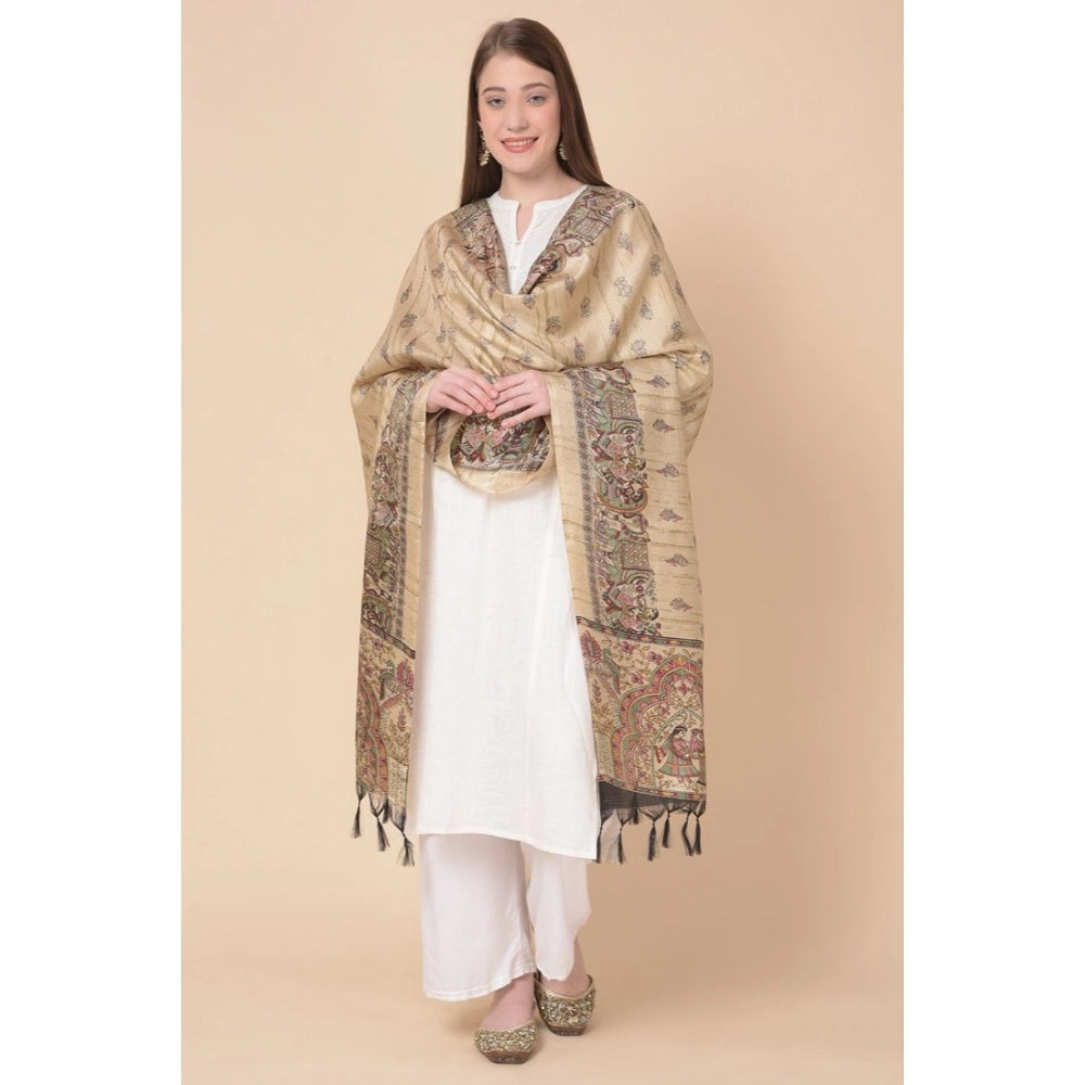 Women's Art Silk Printed Shawl (Gold, Length: 2.25 to 2.50 Mtr)