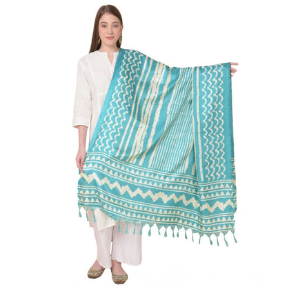 Women's Art Silk Printed Shawl (Turquoise, Length: 2.25 to 2.50 Mtr)