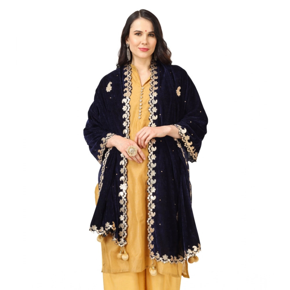 Women's Velvet Gotta Patti Shawl (Blue, Length: 2.25 to 2.50 Mtr)