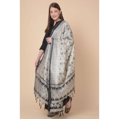 Women's Art Silk Printed Shawl (Black, Length: 2.25 to 2.50 Mtr)