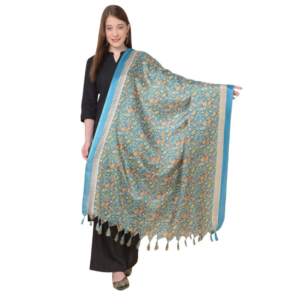 Women's Art Silk Printed Shawl (Turquoise, Length: 2.25 to 2.50 Mtr)
