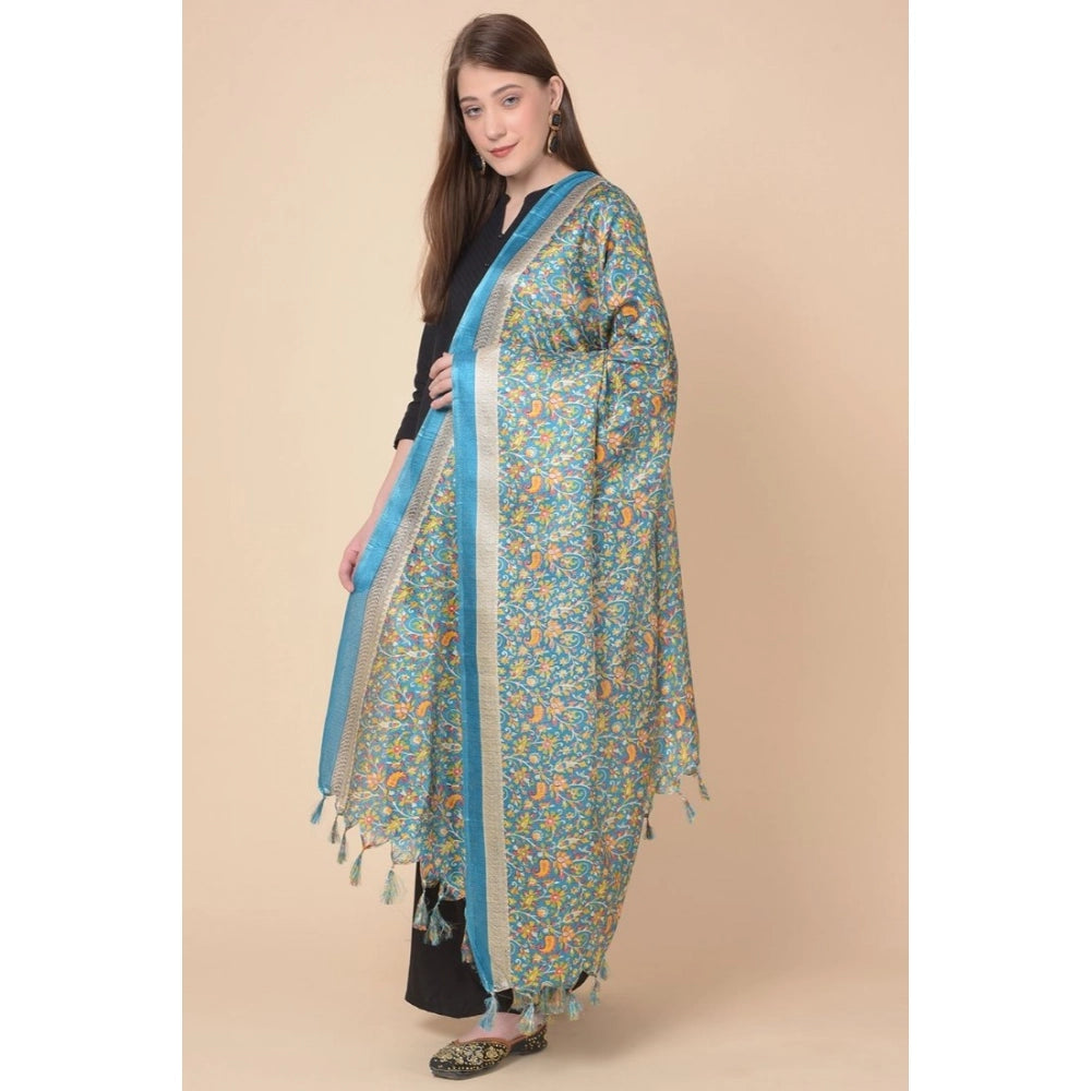Women's Art Silk Printed Shawl (Turquoise, Length: 2.25 to 2.50 Mtr)