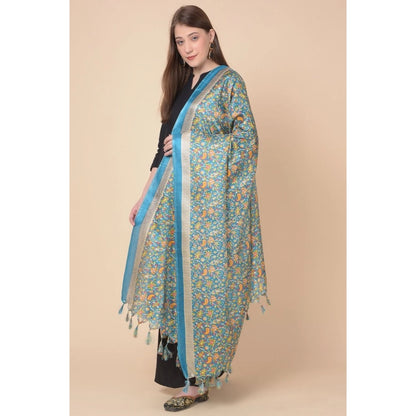 Women's Art Silk Printed Shawl (Turquoise, Length: 2.25 to 2.50 Mtr)