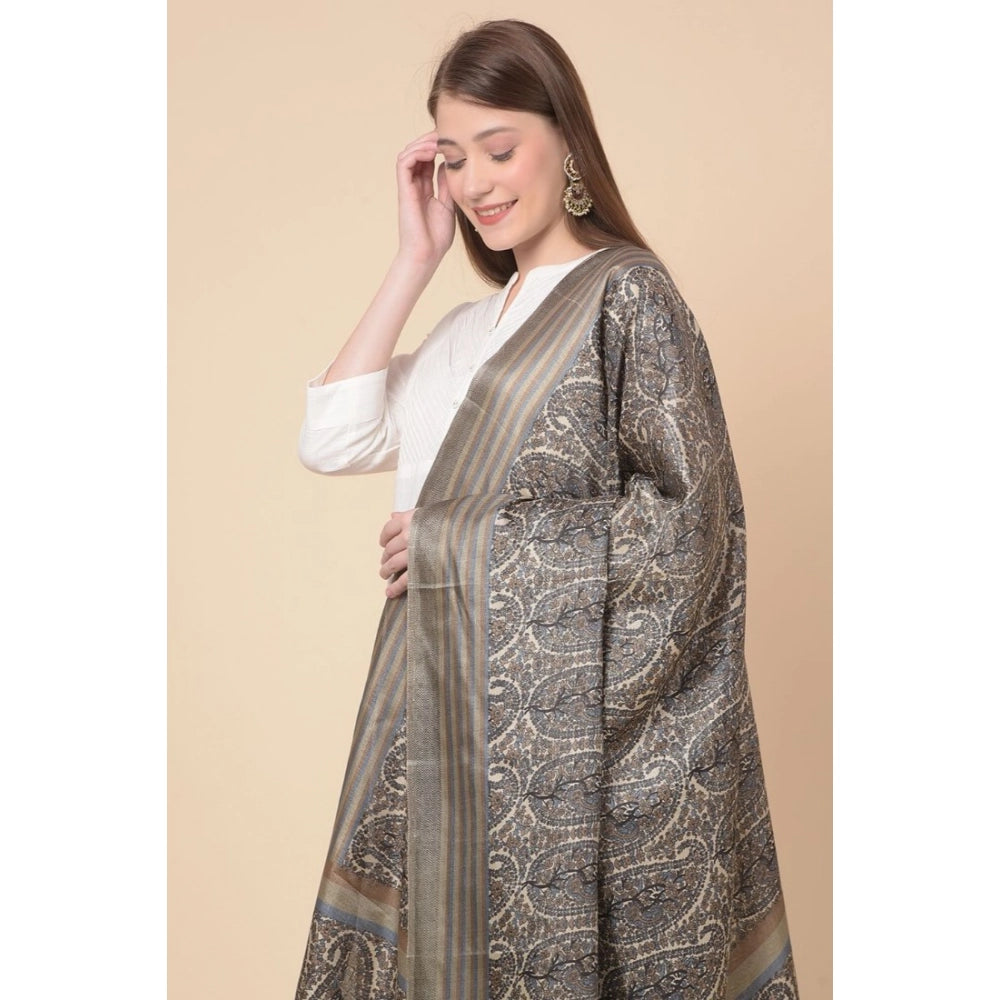 Women's Art Silk Printed Shawl (Grey, Length: 2.25 to 2.50 Mtr)