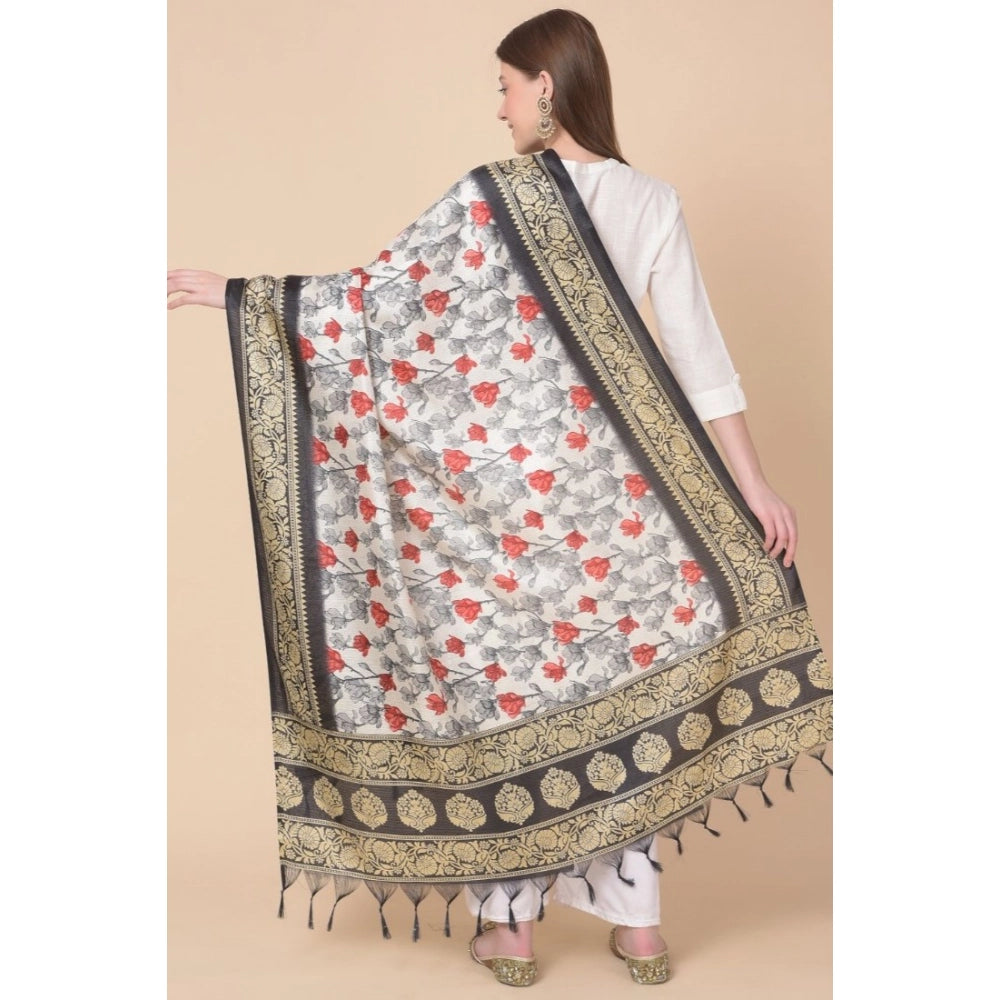 Women's Art Silk Printed Shawl (Black, Length: 2.25 to 2.50 Mtr)