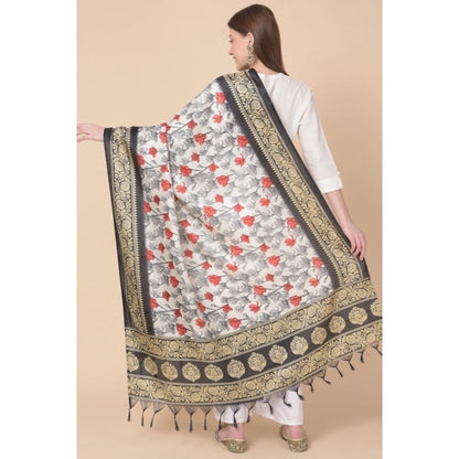 Women's Art Silk Printed Shawl (Black, Length: 2.25 to 2.50 Mtr)