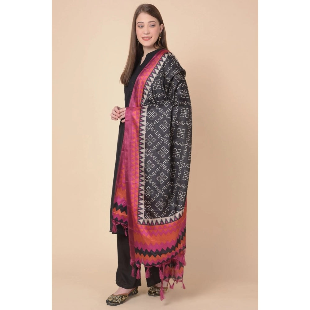 Women's Art Silk Printed Shawl (Black, Length: 2.25 to 2.50 Mtr)