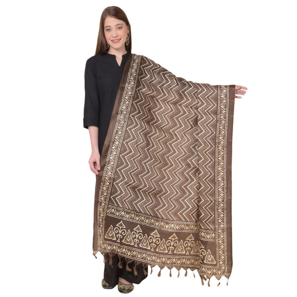 Women's Art Silk Printed Shawl (Brown, Length: 2.25 to 2.50 Mtr)