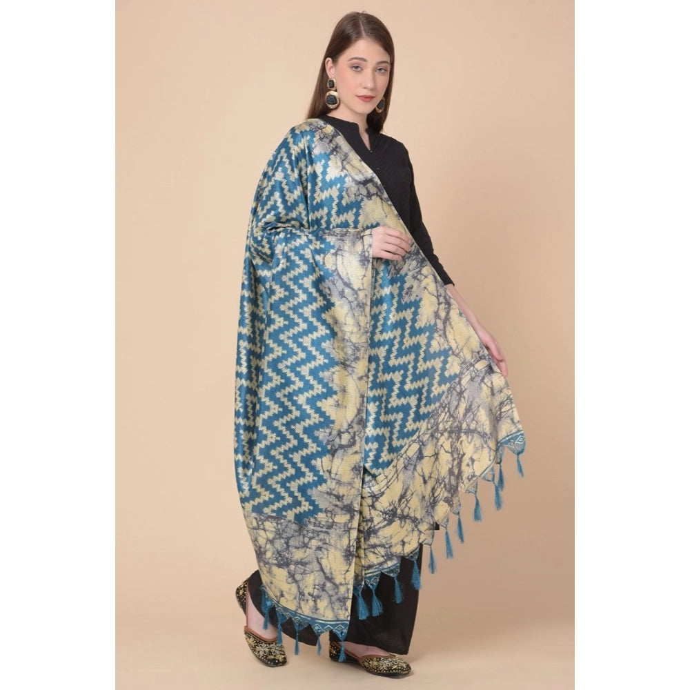 Women's Art Silk Printed Shawl (Blue, Length: 2.25 to 2.50 Mtr)